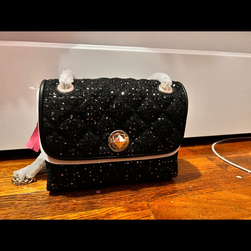 Kate Spade Natalia Sequin Tweed Medium Flap Shoulder Bag Black Multi
